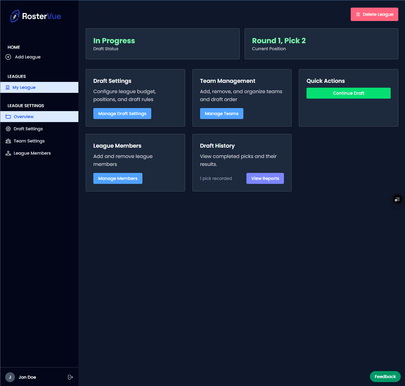 RosterVue league settings dashboard